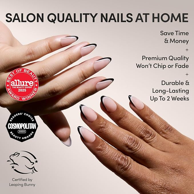 Glamnetic x GLAMZILLA Press On Nails - NO IN BETWEEN | Short Almond Fake Nails, Black & White Micro French Tips, Salon Quality, Everyday | 15 Sizes - 30 Nail Kit with Glue