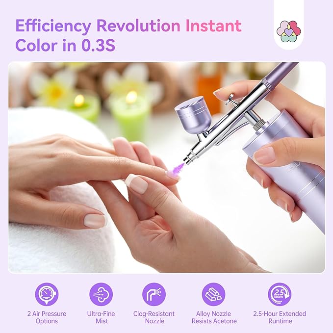 SAVILAND Airbrush for Nails: Limitless Nail Art Creativity Airbrush Kit Pro Dual-Mode Rechargeable 0.3mm Nozzle Makeup Set Nail Airbrush Machine for Ombre French Airbrush Paint Salon（Purple）