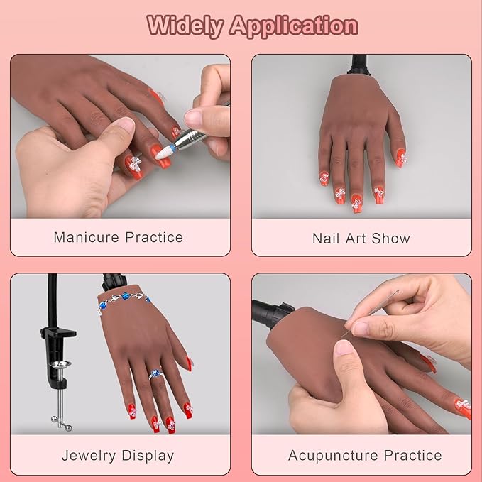 Practice Hand for Acrylic Nails，Nail Practice Hand with Stand Bracket, Flexible Bendable Silicone Nail Practice Fake Hand, Nail Training Mannequin Hand for Acrylic Nails for Beginners, Nail Tech