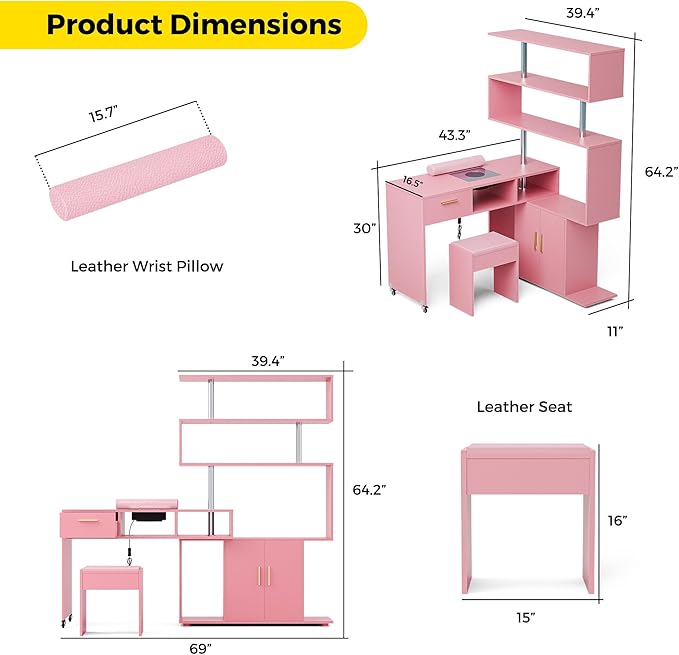 Manicure Table Nail Desk with Stool, L-Shaped Nail Tech Desk with Dust Collector, Two-Way Drawer, Cabinet & Storage Shelves, Rotating Reversible Manicure Workstation on Wheels (Pink)