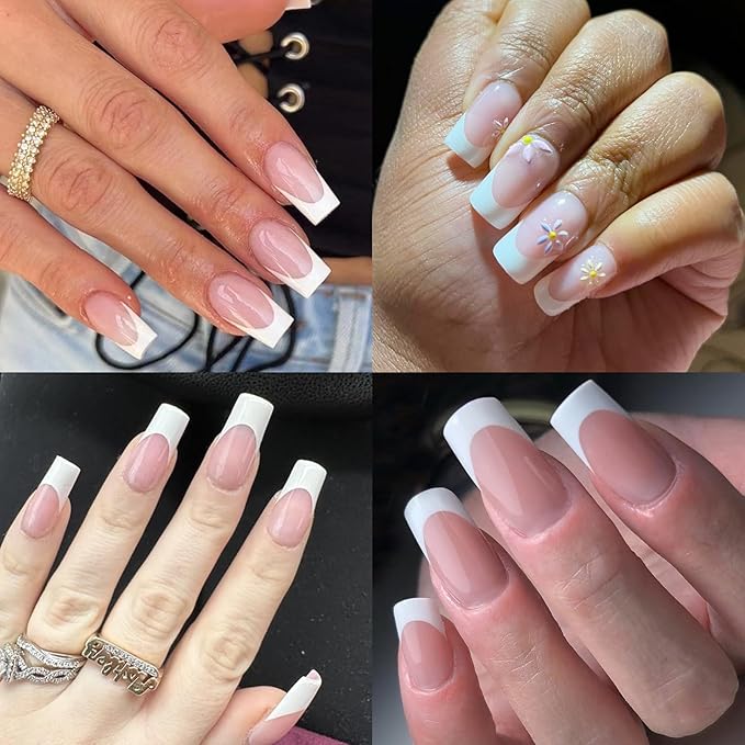 AddFavor 120pcs White French Tip Press on Nails Medium Square Fake Nails Nude False French Tip Nails Press ons Nail Acrylic Artificial Stick Nail with Adhesive Tab for Women Girls