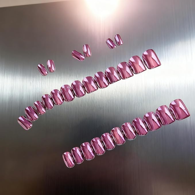 Chrome Press on Nails Short Square, Metallic Baby Pink Fake Nails with a Sparkle Mirror Finish, Glitter Glue on Nails for Women Birthday Party, Thick Quality Soft Gel Nail Press ons 30 Pcs