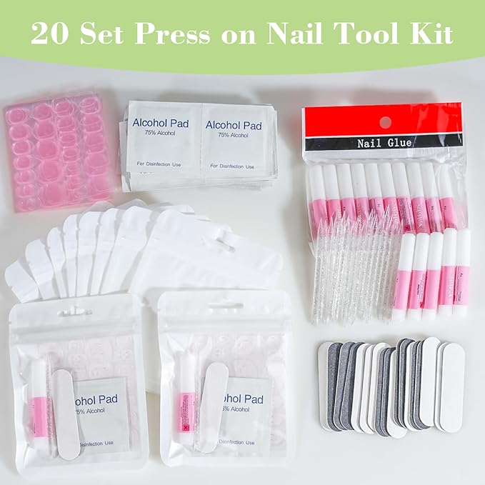 Press On Nail Tool Kit with Everything, Bebbtiy Nail Prep Tool Disposable Manicure Kit with Nail File, Nail Glue, Prep Pads, Adhesive Nail Tabs,Wood Stick, Packaging Bag (20pcs-white)