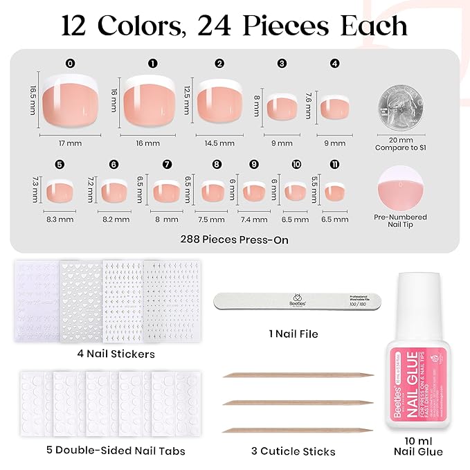 Beetles Toe Nail Press ons Kit 288Pcs 12 Colors, Press on Toenails Short Squaval Glossy Glitter With Nail Glue & Nail Tabs Stickers, Natural Fit Lightweight Fake ToeNails Nail Art For Women Girls
