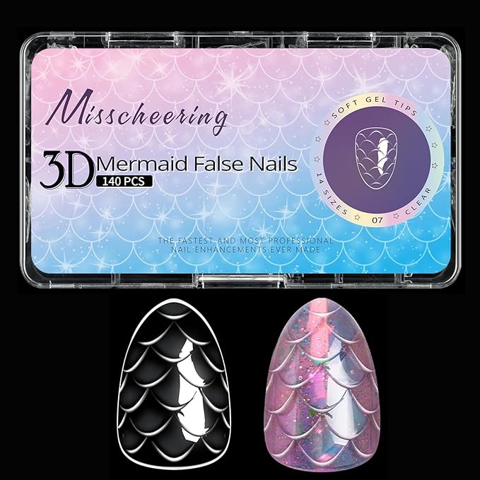 3D Diamond Shaped Polygel Nail, Extension Clear Full Cover False Nail Tips, Hybrid Gel Acrylic Nail, Diamond Fake Nails, 14 Sizes Building Artificial Press on Nail (Fish Scales 7, 140pcs)