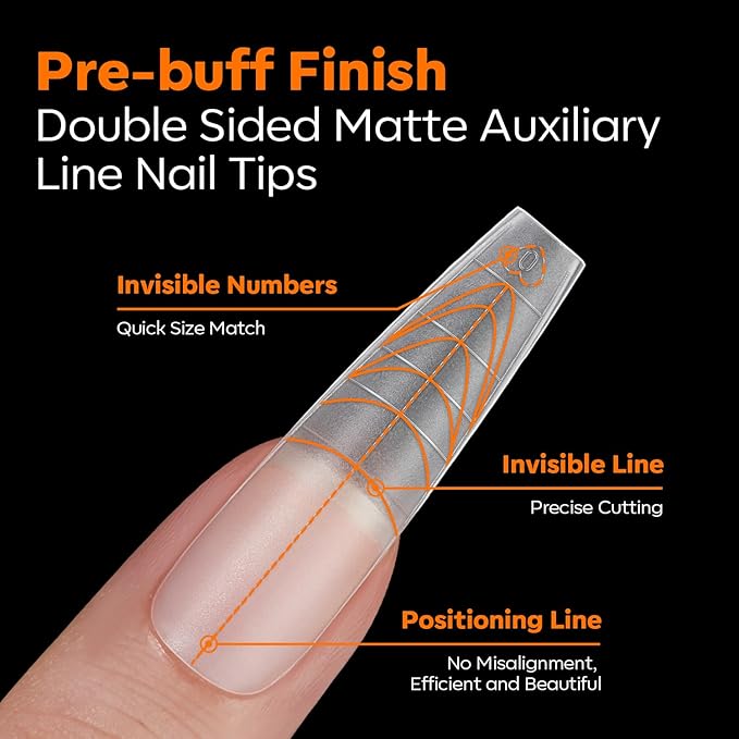 modelones Long Coffin Guiding Line Nail Tips, Soft Gel Tips Fake Nails False Acrylic Extensions Seamless Accurate Positioning Scale Line, Full Matte Professional Nail Salon 216PCS 12Sizes