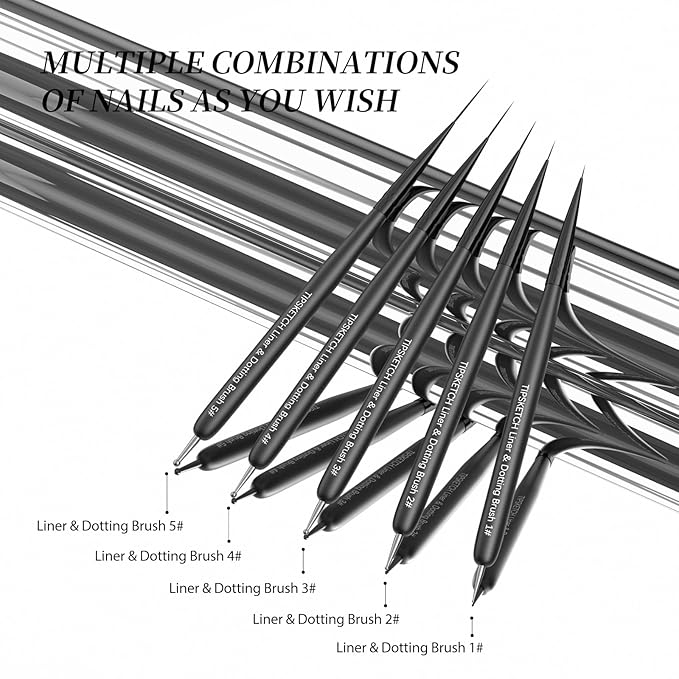 Nail Art Liner Brushes 5Pcs with Caps & Bag,Double‑Ended Thin Liner & Dotting Pen Set(4/8/12/15/20mm) for Long Lines,Fine Details,Gel Polish & Nail Painting