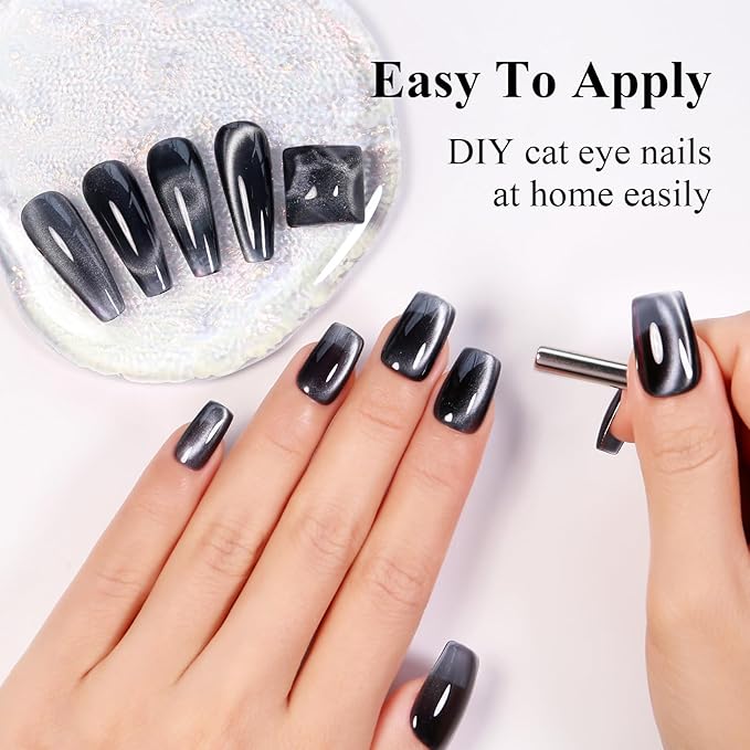Imtiti Cat Eye Gel Nail Polish, 15ml Black Crystal Glitter Cat Eye Gel Polish With Magnet Dark Gray Magnetic Holographic Galaxy Sparkly Soak Off UV Led Manicure
