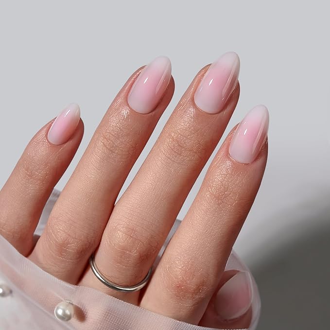 BTArtbox Press On Nails Short - Pink Ombre Almond Press On Nails with Glue for Women, Opaque Soft Gel Glue On Nails in 16 Sizes - 32 Stick On Nails Kit, Love Letter
