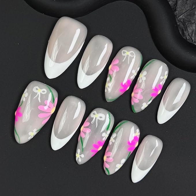 100% Handmade Press on Nails Medium Almond Handmade Nails with Pink Flower Design White French Tip Fake Nails Floral Nail Press ons Reusable Acrylic Spring Summer Nail for Women Girls Size L 10Pcs
