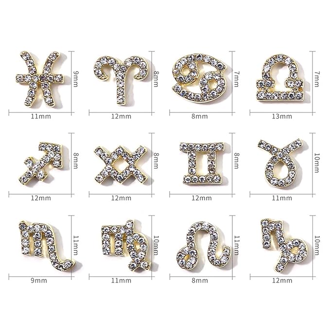 24 Pieces Gold and Silver Alloy Zodiac Nail Charms Zodiac Signs Nail Studs Twelve Constellation Nail Charms Inlaid Clear Rhinestone for Women Girls Nail Art Decoration