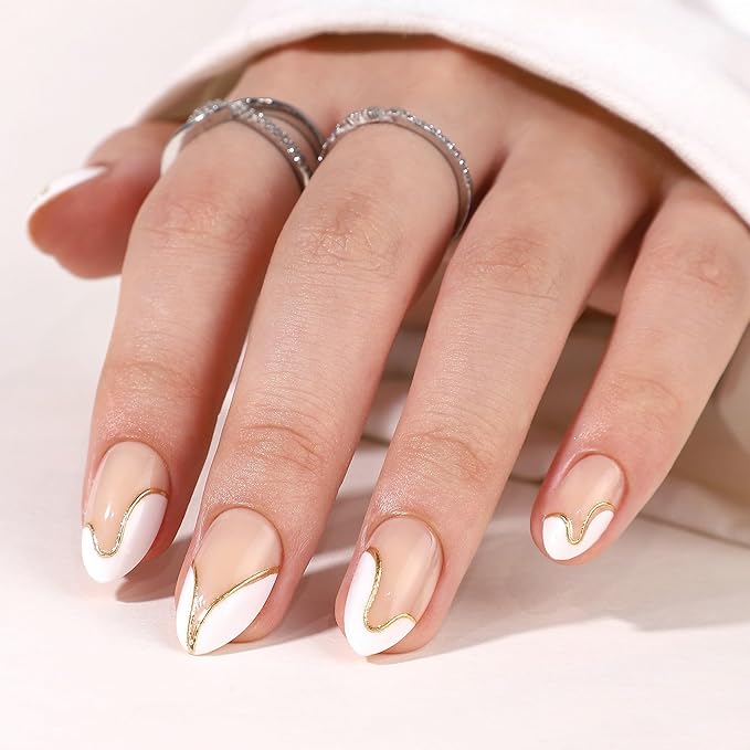 RTKHFZE Press on Nails - Short Almond French Tip Fake Nails with Gold Foil, Soft Gel Glue, Fit Perfectly (Reusable) in 16 Sizes - 32 Pcs Kit
