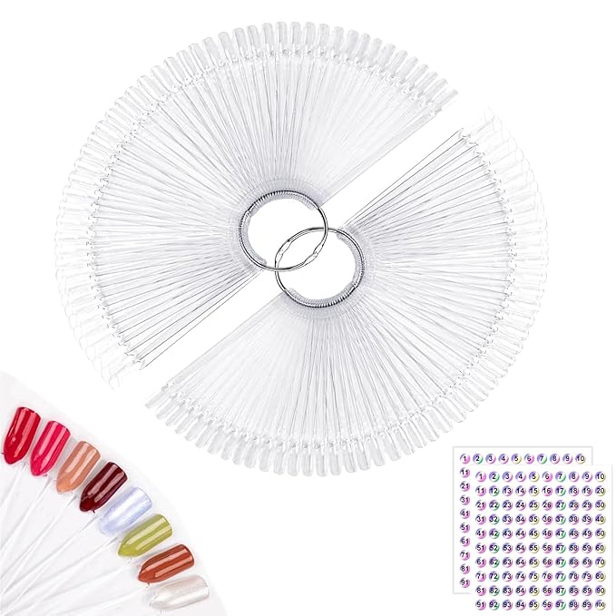 Subay 100pcs Fan-shaped Nail Swatches Sticks with Number Stickers, False Fake Nail Art Tips Sticks Polish Gel Salon Display Practice Tools with Metal Split Ring Holder