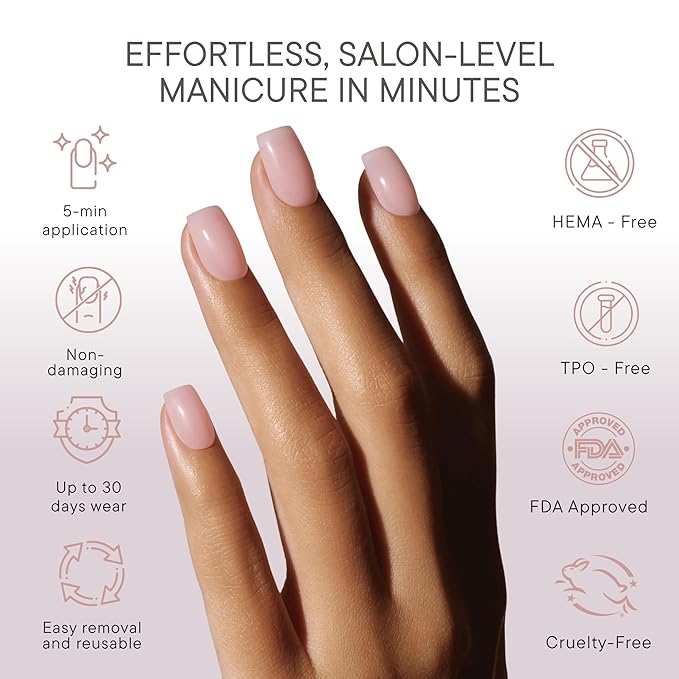 Press On Nails - Salon U-ltimate™ | Clean Pink, Short Coffin Nails, Reusable | 16 sizes - 32 Nails Kit with Glue and Sticky Tabs