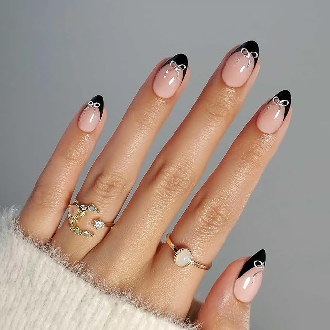 Press On Nails - Black Tie | Black French Tip Press on Nails with 3D Bow Design - Soft Gel Almond Fake Nails I 32 Nails, 16 Sizes Kit with Glue and Adhesive Tabs I Female Founded