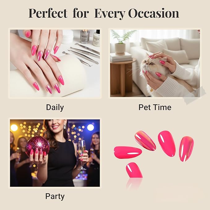 Nails Press Ons Almond - Hot Pink Glossy Iridescent Reusable Acrylic False Nails for DIY Manicure, 24 Nails in 12 Sizes with Glue, Adhesive Tabs, Nail File, Prep Pad, Manicure Stick