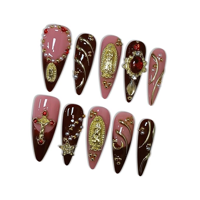 Pink & Red French Press on Nails with Gold Lines, Long Stiletto Glossy Vintage Fake Nails with Madonna Statue, Cross & Rhinestones, Reusable Religious Aesthetic False Nails (Size S)