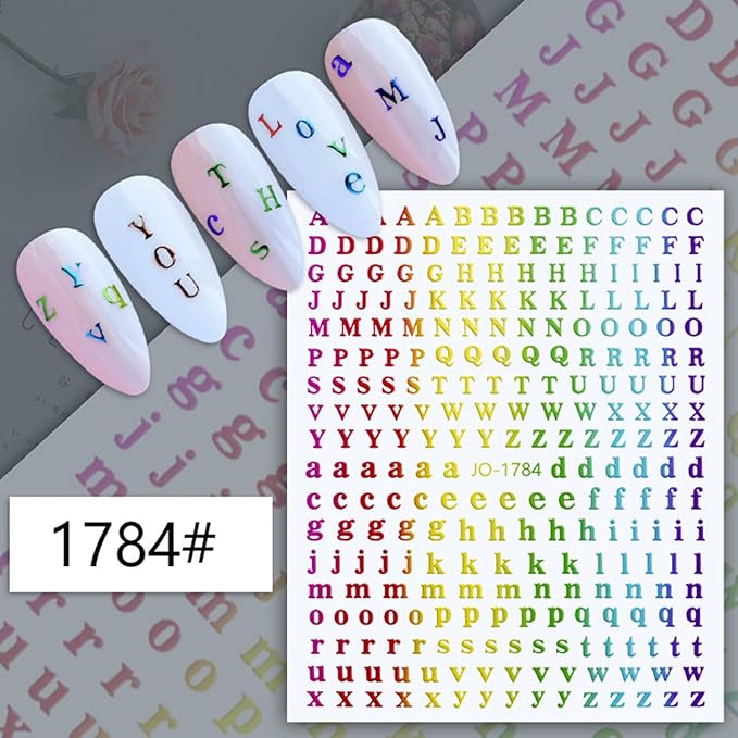 12 Colors Letters Nail Art Stickers, 3D English Self-Adhesive Sticker Design, Laser Gold Silver Red Black White Pink Yellow Green 26 Alphabet Nail Transfer Decals for Women Manicure Decorations