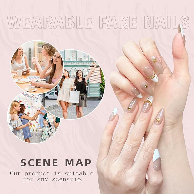 Handmade Press On Nails Medium Almond Shape - 3D Gold Metallic Embellished White French Manicure False Nails ， Minimalist Design | Salon Quality Reusable Fake Nails(10PCS-M)