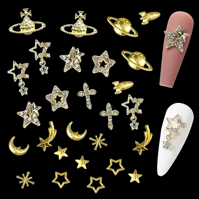 85PCS Star Nail Charms for Acrylic Nails,Gold Star Planet Cross Alloy Nail Art Decoration, Nail Stones Nail Jewels Accessories for Nail Art Supplies Manicure Craft DIY, Medium