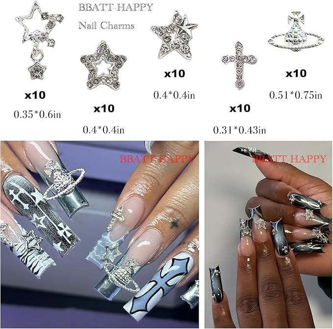 134PCS Nail Charms for Acrylic Nails,Silver Star Planet Cross Punk Pink Pin Billiards Nail Art Accessories,Nail Jewels for Nail Art Supplies Craft DIY