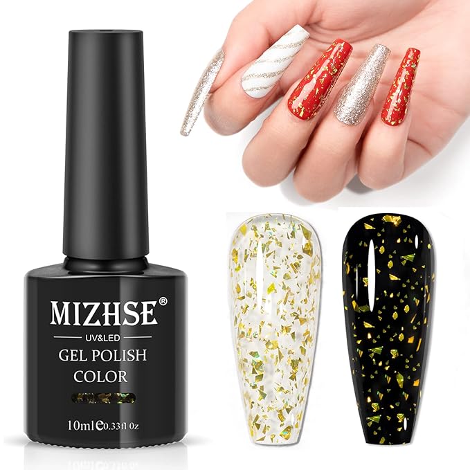 MIZHSE Gold Glitter Gel Nail Polish, Glitter Sequins Gel Polish Sparkle Shiny Christmas Soak Off U V LED Gels Polish for Nail Salon & Home DIY Manicure 10ml