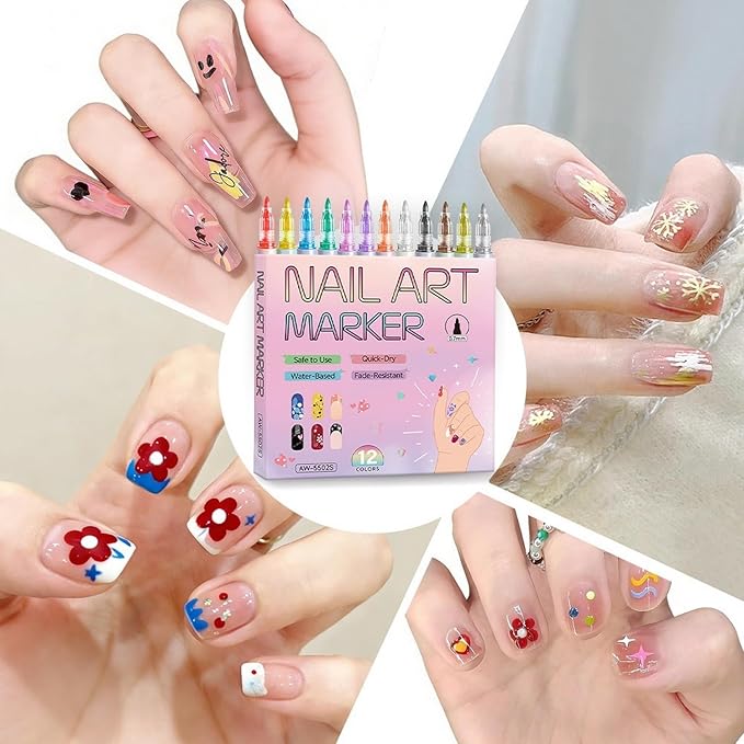 OCOUYVD 12 Colors Nail Art Pens Set 0.7mm Nail Art Markers Polish Pen Drawing Liner Painting Pens Kit for Nails Art DIY Painted Graffiti Nails Pen Quick-Dry Acrylic Paint Nails for Art Manicure Tool