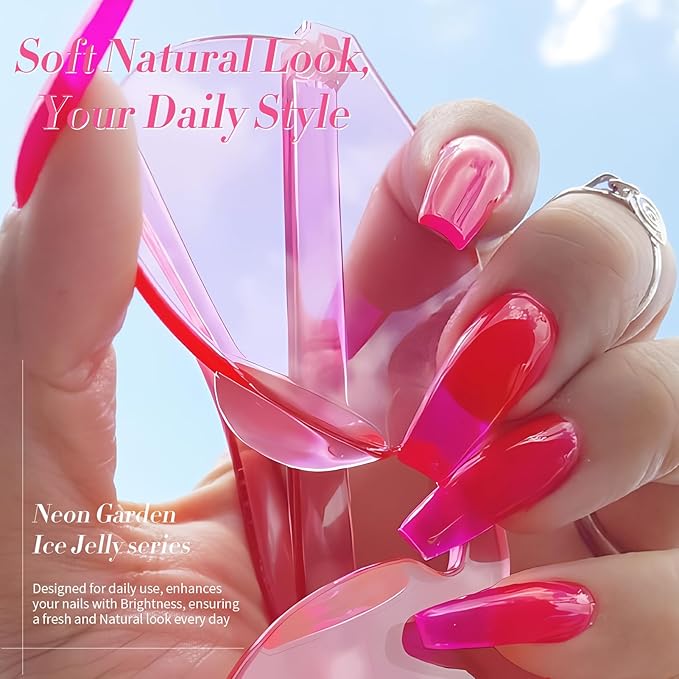 BORN PRETTY Jelly Gel Nail Polish Neon Spring Summer Gel Polish,Hot Pink Red Purple Blue Green Yellow 6Colors Translucent Effect,Soak Off U v LED Light Cure Nail Art Kit Salon Manicure and DIY at Home