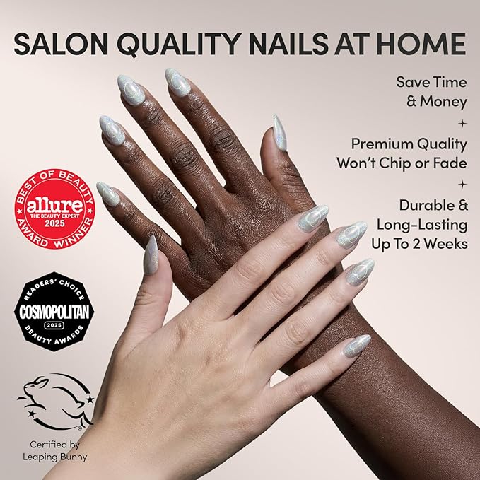 Valentines Day Glamnetic Press On Nails - Electric Lover | Short Almond Fake Nails in a Silver Iridescent Hue, Cat-Eye Magnetic Heart Designs in Velvet Finish | 15 Sizes - 30 Nail Kit with Glue