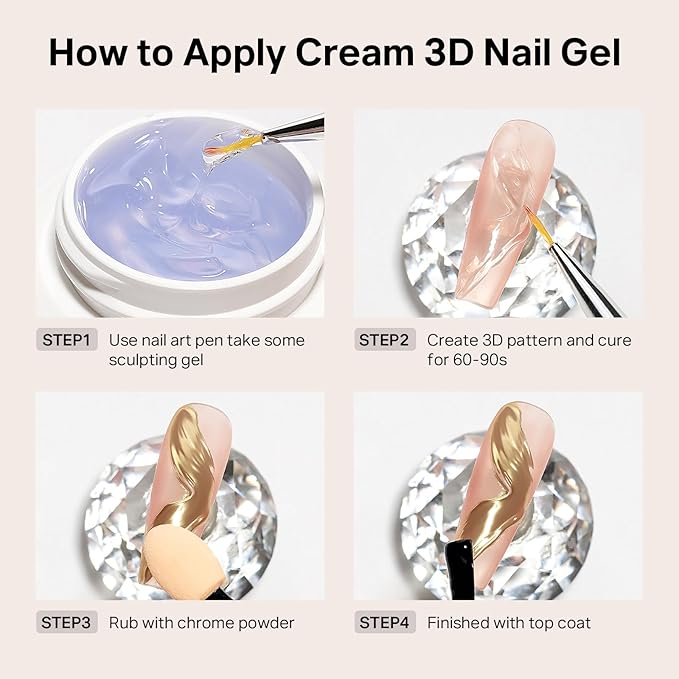 MIZHSE Cream 3D Nail Gel with Chrome Nail Powder Sculpting Gel for Nails Art No Wipe Clear Painting Gels Polish Nails for Painting Rhinestone Decoration Sculpture U V LED Curing Requires