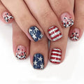 24Pcs 4th of July Press on Nails Short Square Fake Nails with Glitter Stars Stripe Design Acrylic Nails Silvery French Tip False Nails Full Cover Glossy Independence Day Stick on Nails for Women
