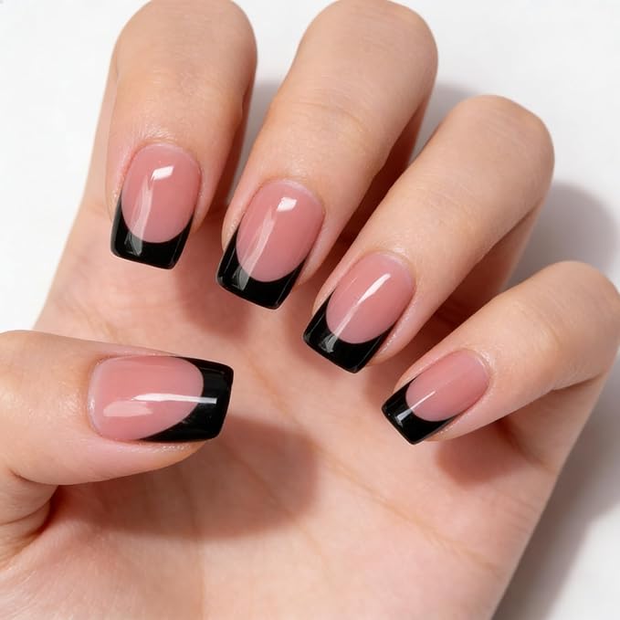 Handmade Press on Nails Black French Tip False Nails with Designs Solid Color Luxurious Thickened Short Square Fake Nail Full Cover Muti-Layer Gel Acrylic Nails Stick on Nail for Women（M)