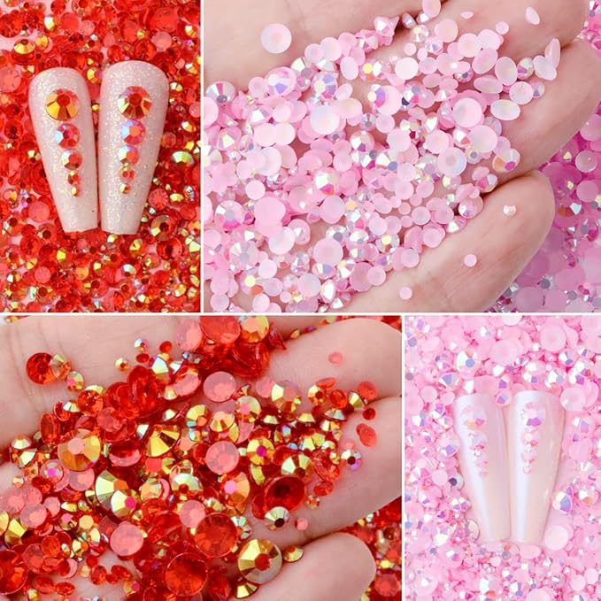 5 Boxes 12420pcs Sparkling Crystal Nail Rhinestones Kit, Flatback Multicolor Transparent Jelly AB Mermaid Gems with Pick Up Pen and Curved Tweezers for Manicure Salon & Craft DIY Designs (Pink)