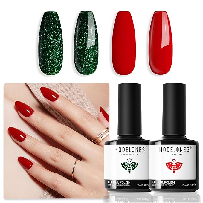 modelones Christmas Gel Nail Polish Set 2 Pcs 15 ML Red Green Classic Winter Colors Soak off U V Led Lamp Needed Manicure Salon DIY Home Gifts for Women Girls