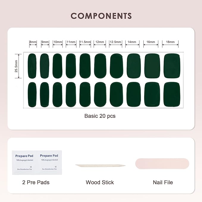 Semi Cured Gel Nail Strips – Real Gel Nail Polish Wraps for Brittle Nails | Long Lasting Easy Peel-Off Removal | Hema-Free | 20-Piece Solid Dark Green Salon Sticker Kit with File & Stick