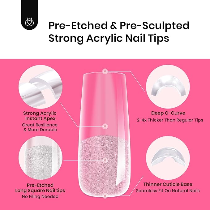 Beetles Tipex Nail Tips Kit, Long Square-C Curved Half Matte Nail Tips 224 Pcs 16 Sizes Pre Building Fake Nails with Tipex Nail Glue, Mini Nail Lamp - Thick Acrylic Nail Set