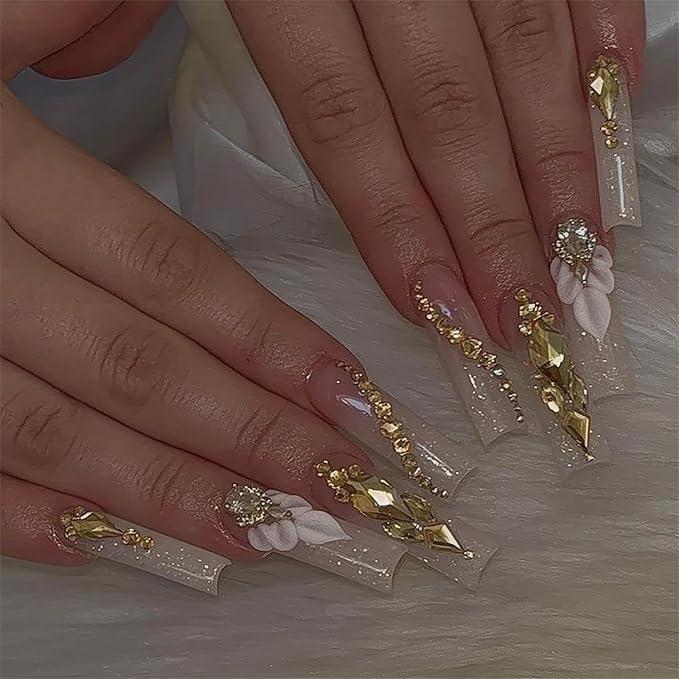 RTKHFZE Press on Nails Long Square Acrylic False Nails Glitter Full Cover Fake Nails with Rhinestones Flower Designs Nails Press Ons for Prom/Party/Holiday - Gift for Women