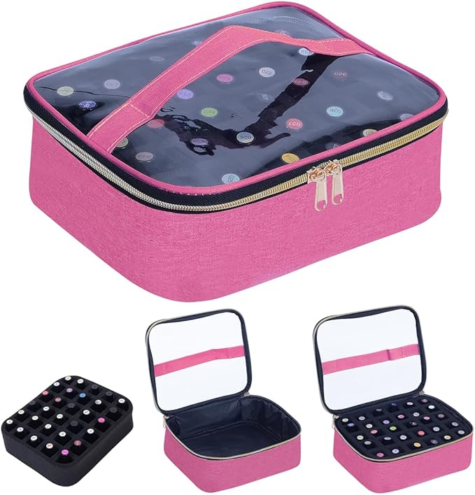 Small Clear Nail Polish Case Holds 30 bottles(15ml-0.5fl.oz) Nail Polish Organizer Multifunctional Nail Polish Bag organizer, Cosmetic Travel Makeup Cases for Women, RoseRed
