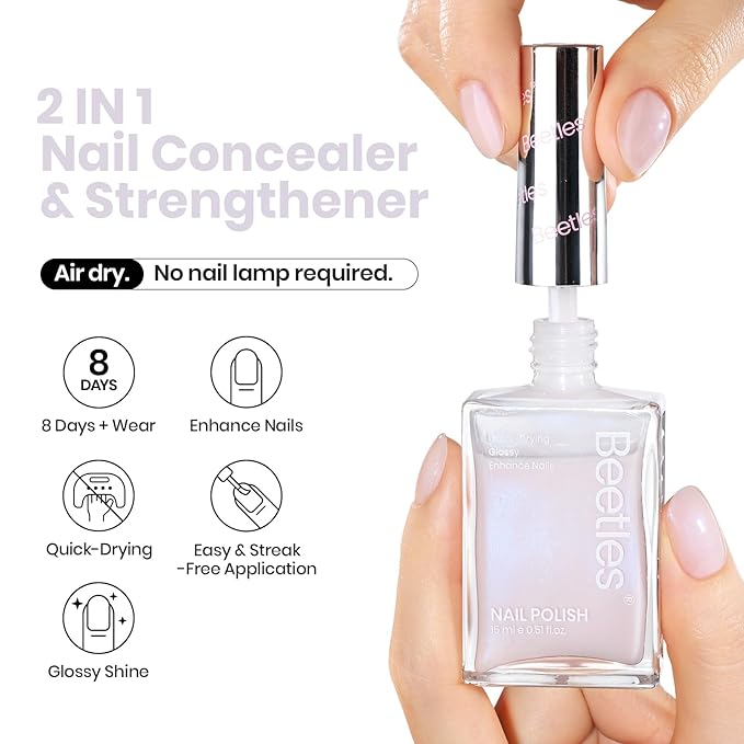 Beetles Nail Polish - Jelly White Nail Polish Natural Blue Glitter Nail Concealer Fast Dry Quick Milky White Nail Strengthener and Growth Treatment for Thin and Damaged Nails,0.51 FL OZ