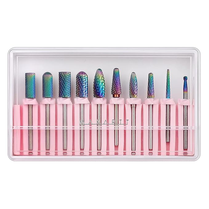 Makartt Nail Drill Bits Set with Nail Drill Bits Holder Bundle, 10Pcs Tungsten Carbide Nail Drill Bits, Nail Bits Organizer Container 30 Holes Manicure Tools (Not Inlcude Drill Bits)
