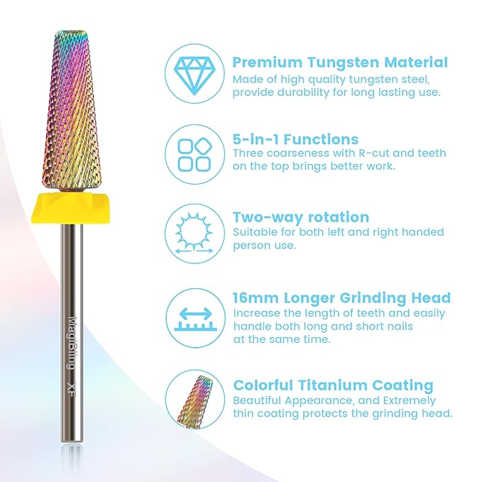 xf 5 in 1 Nail Drill Bits, 16mm Tapered 3/32'' Professional Tungsten Carbide Bits for Efile, 2 Rotation for Electric Drill, Remove Thin Gel, Manicure Cuticle Gel Polishing, Nail Techs Bits, Extra Fine