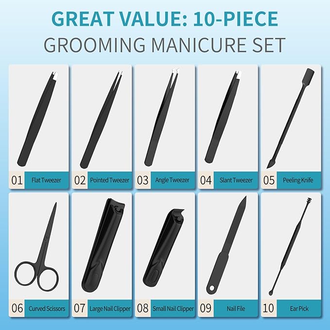 Manicure Set 10 in 1 Stainless Steel Nail Clippers Scissors Tweezers Grooming Kit with Travel Case (Black)