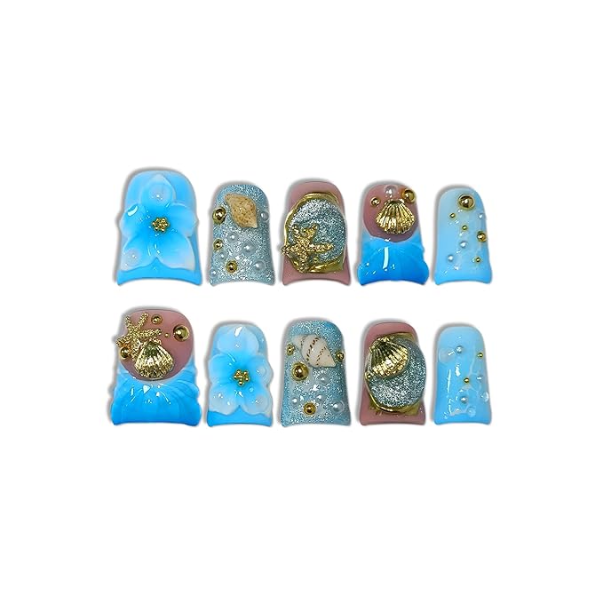 Handmade Duckbill Press on Nails Short - Ocean Blue 3D Shell Starfish Glitter Design Fake Nails with Tools, Acrylic Glossy Reusable Y2K False Duck Nails for Women Girls(S)