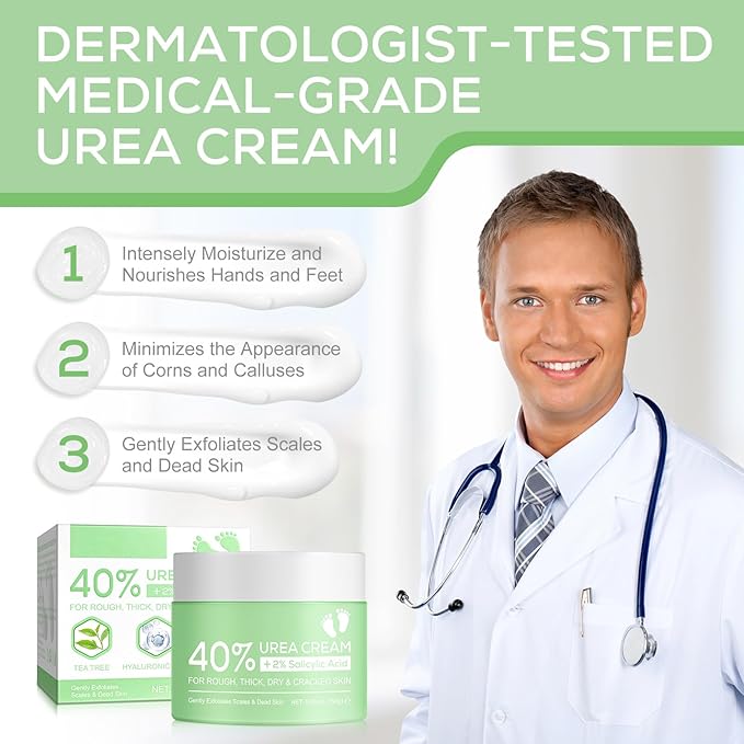 Urea Cream 40 Percent for Feet, plus 2 Percent Salicylic Acid - for Rough Thick Dry & Cracked Skin - Gently Exfoliates - Feet Hands Elbows - Tea Tree, Aloe Vera - 5.29 Oz(150g)