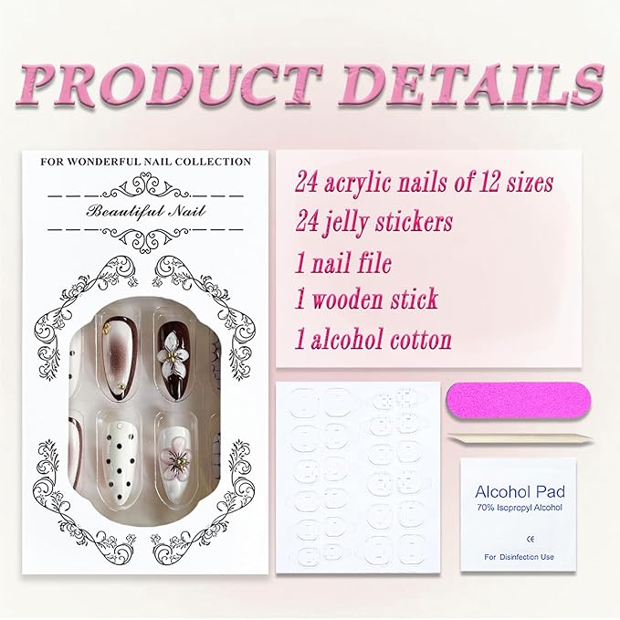 Press on Nails Medium Almond MABKJLF Fake Nails Floral False Nails with Polka Dots Flower Designs Brown&White Glossy Glue on Nail Fall Acrylic Nails for Women Girls 24Pcs