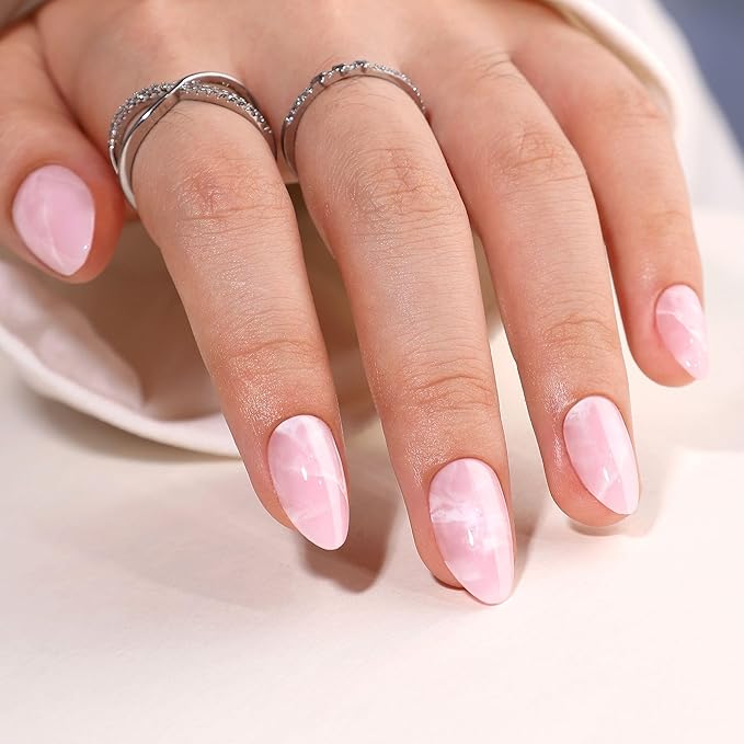 RTKHFZE Press on Nails Short-Pink Marble Press On Nails Almond,Short Fake Nails with Glue,Almond Stick On Nails,Glue On Nails in 16 Sizes - 32 Pcs Soft Gel Fake Nails Kit for Gift Idea