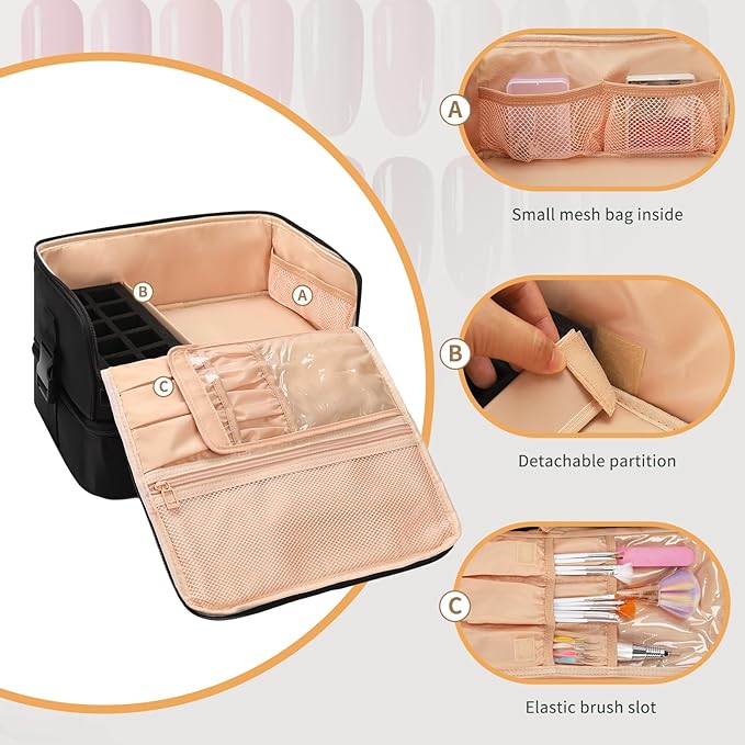 OCHEAL Nail Polish Organizer, Holds Nail Lamp and 45+ Bottles,3 Usage Modes Detachable Nail Storage Bag Travel Nail Tech Case Holds Nail Kit Stuff Manicure Tools -Black
