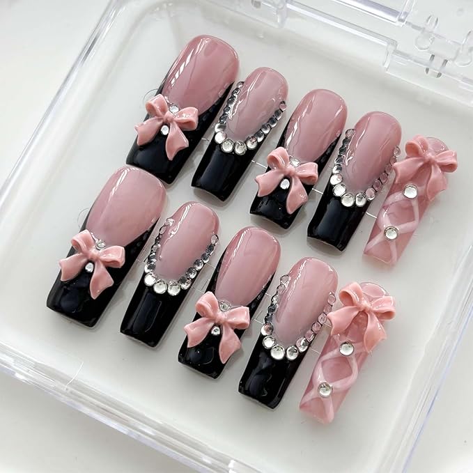 10Pcs Handmade Press On Nails Long Square Fake Nails Bow With Rhinestone Design French Tip False Nails Reusable Stick On Nail Acrylic Glue On Nail For Women (SIZE:S)