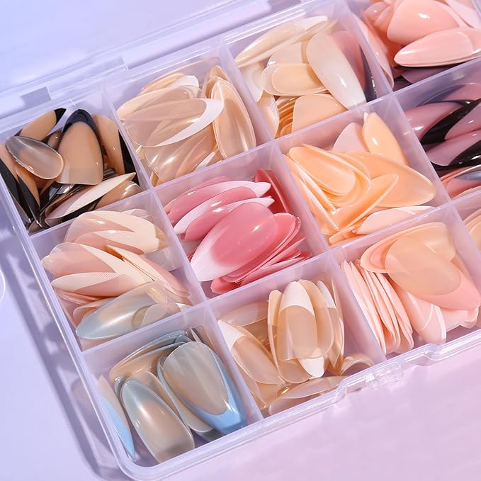 French Gel Nails - Colorful French Tip Press on Nails, Almond Press on Nails, Glossy Skin Tones Medium False Nails 288pcs -12 Sizes Artificial Fake Nails Stick on Nail for Women Manicure