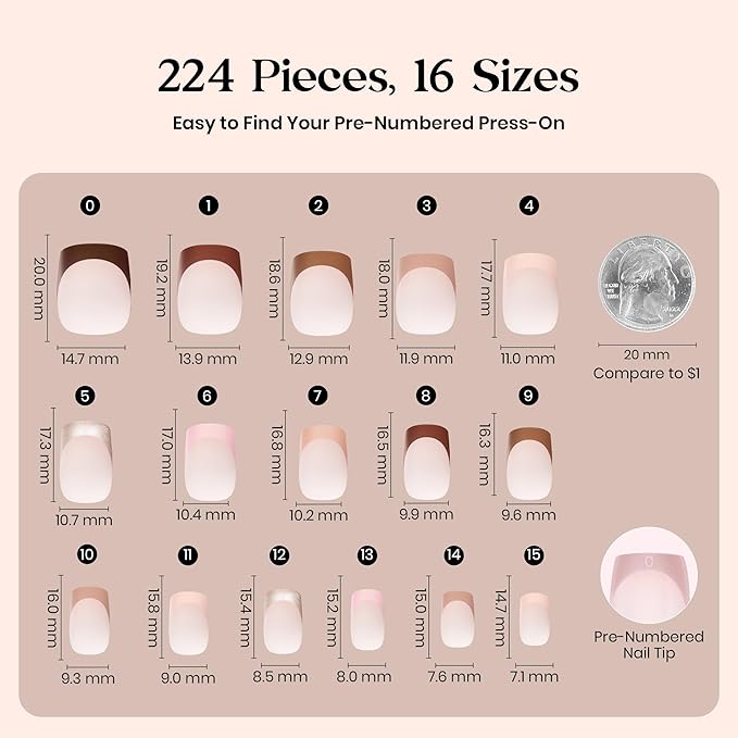 Beetles French Tip Press On Nails - Mocca Mousse French | 7 Colors Short Square Press On Nails Brown | 16 Sizes 224 Pcs Natural Salon Quality For Winter Nails